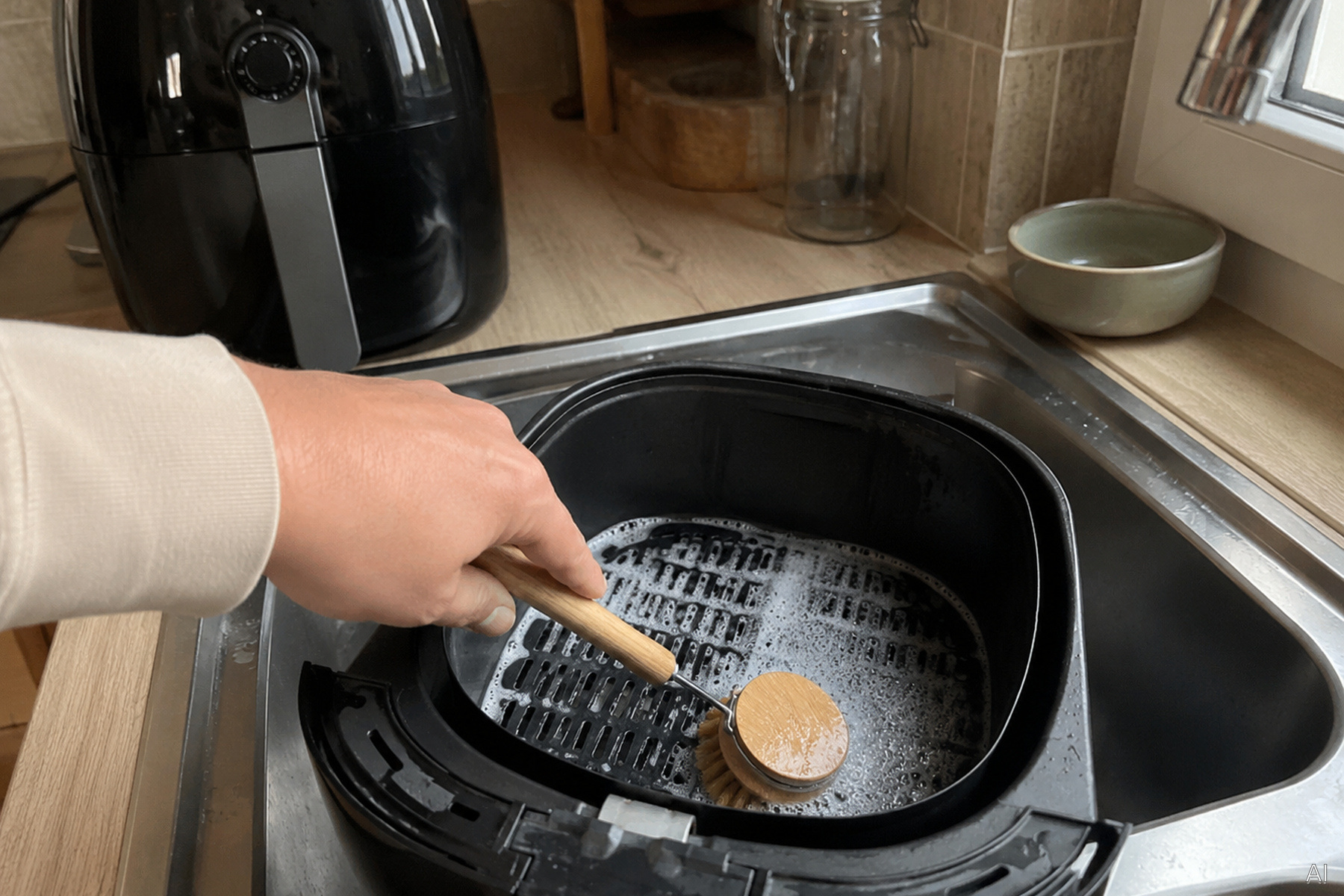 Airfryer-Korb mit Spülbürste reinigen